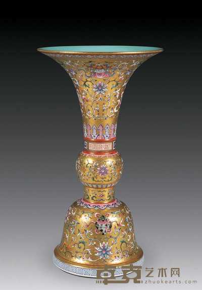 清乾隆 金地粉彩八吉祥花觚 高28cm